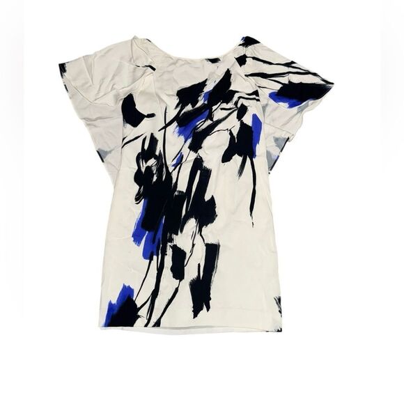 MILLY women’s Tokyo white & blue Abstract Print Mini Drape Dress Open Back sz 2 - Picture 1 of 6